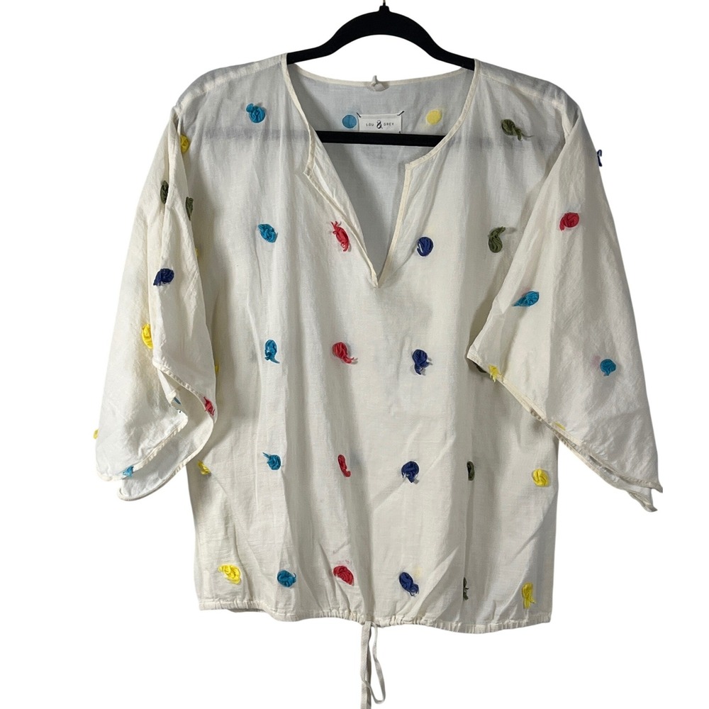 Lou & Grey Cream Colorful Short Sleeve Blouse Small Cottagecore Preppy Vacation
